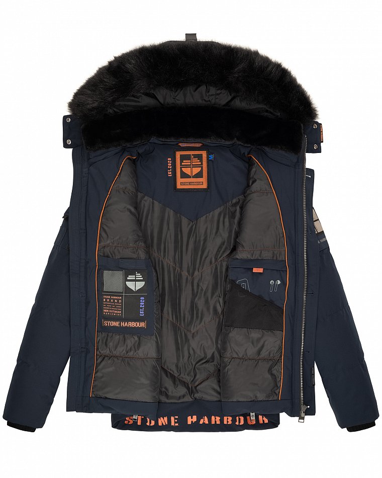 Stone Harbour Halvaar Herren Winterjacke gesteppt Navy mit Schwarzem Kunstfell Gr. 50 - L