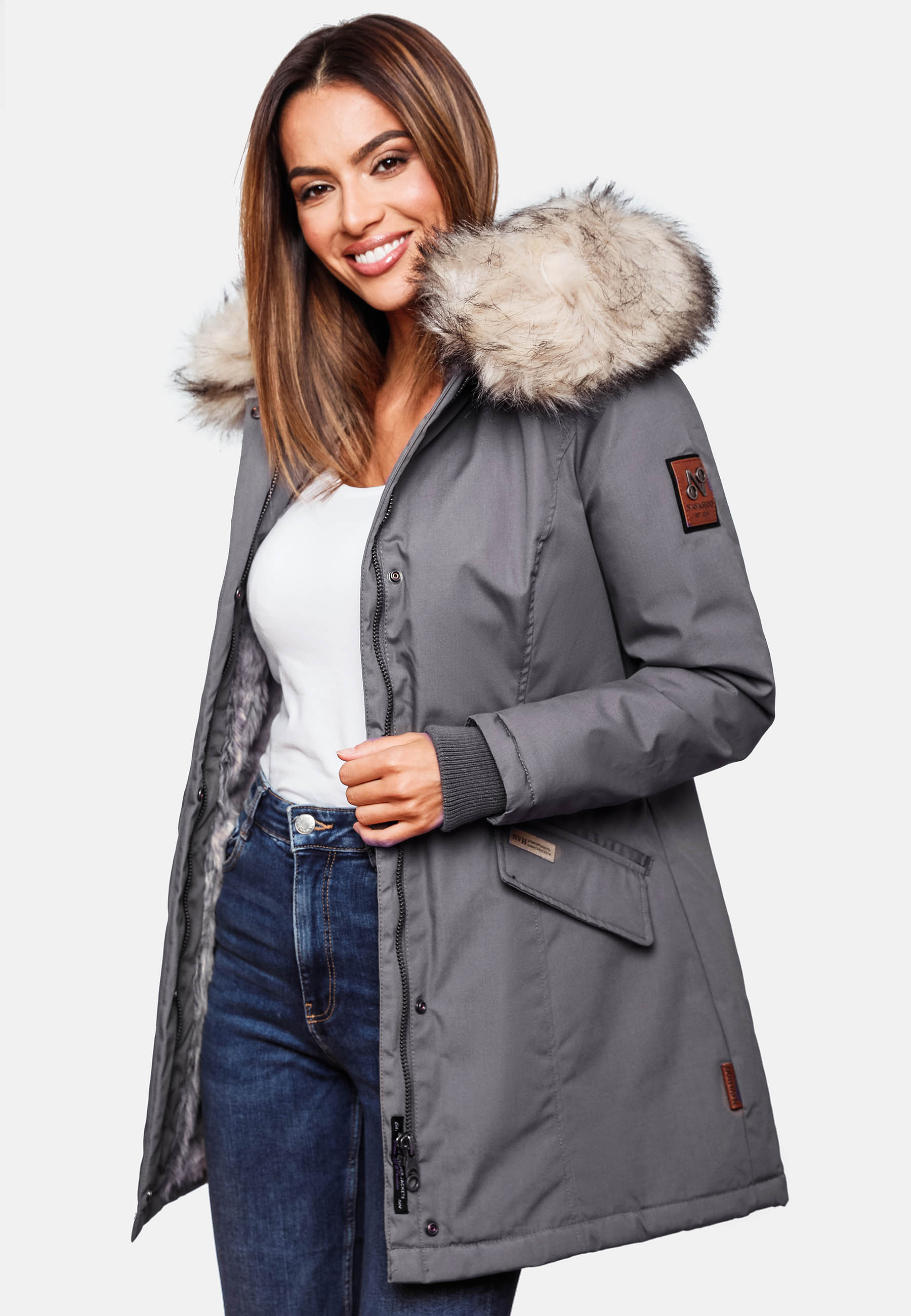 Navahoo Cristal Winterjacke Winterparka mit Kapuze & Kunstfell Grau Gr. M - 38