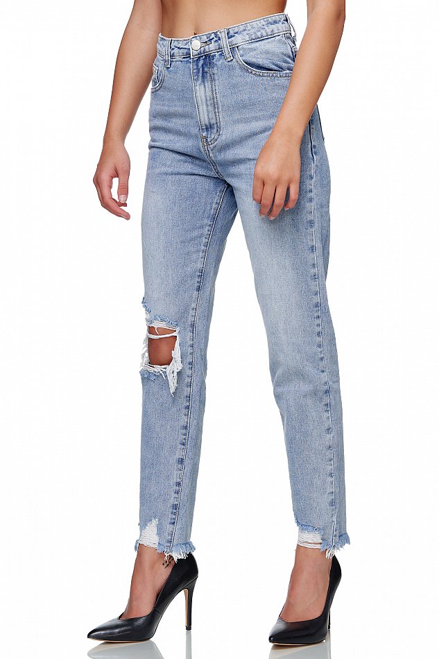 Damen Highwaist Straight Cut Ripped Jeans im Damaged Look Blau Gr. 34 - XS RD1347