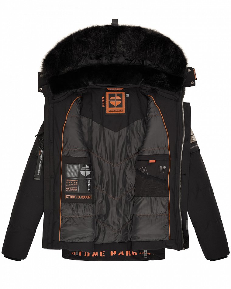 Stone Harbour Halvaar Herren Winterjacke gesteppt Schwarz mit Schwarzem Kunstfell Gr. 52 - XL