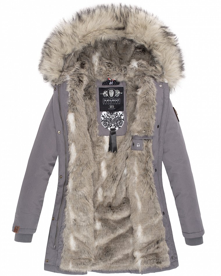 Navahoo Cristal Winterjacke Winterparka mit Kapuze & Kunstfell Grau Gr. M - 38