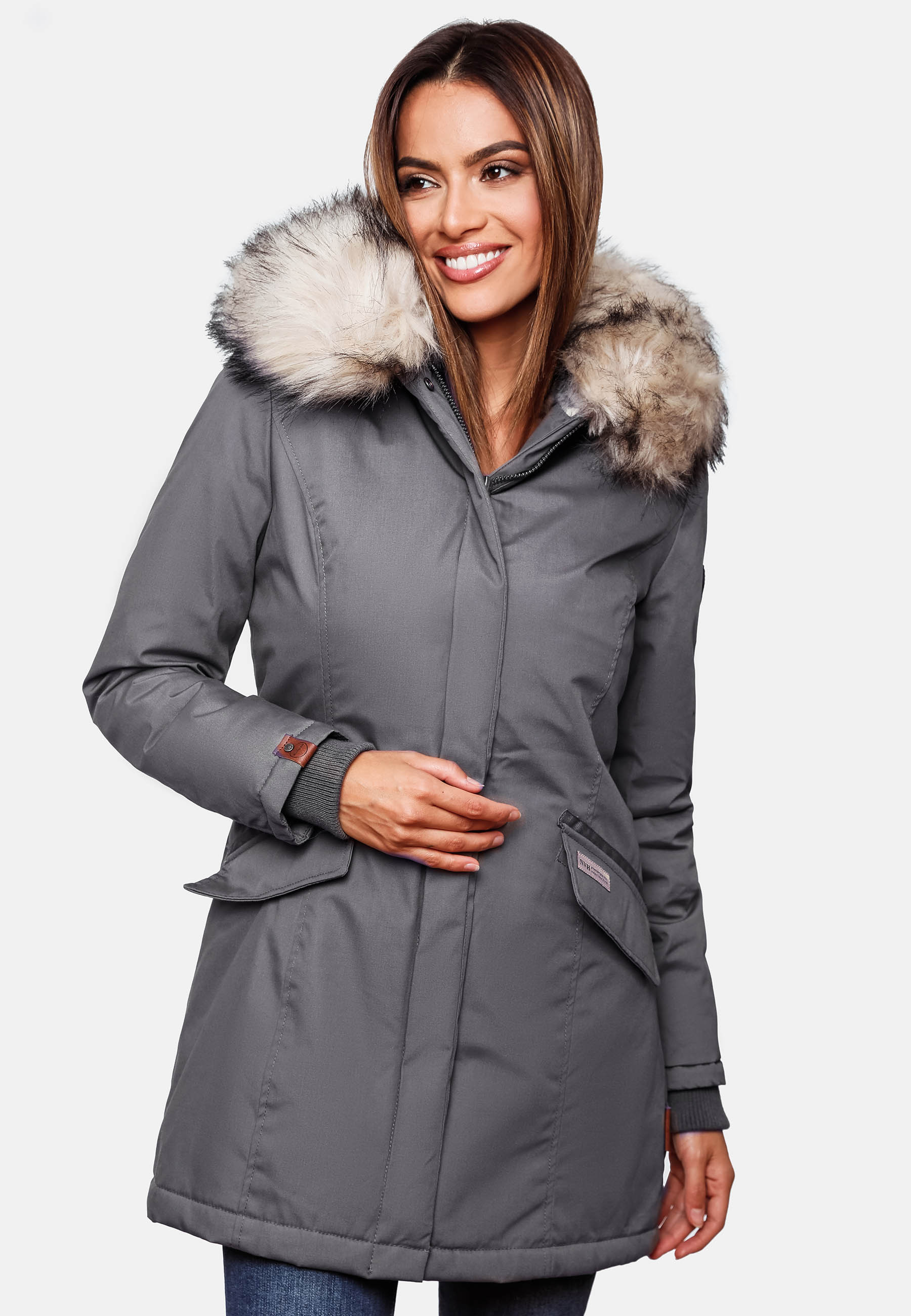 Navahoo Cristal Winterjacke Winterparka mit Kapuze & Kunstfell Grau Gr. M - 38