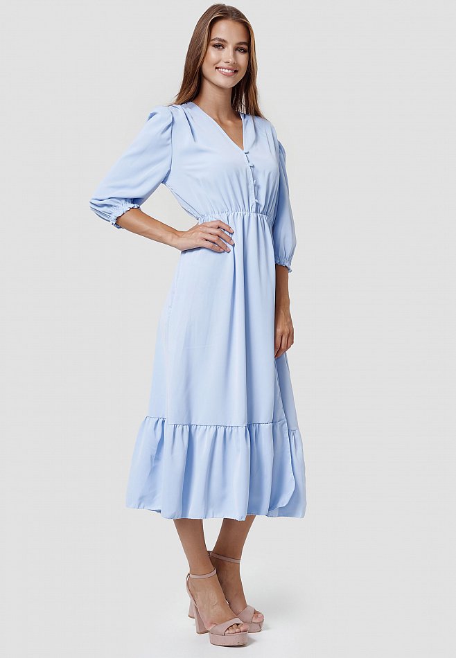 Damen Maxi Rüschen Kleid mit Schlitz Blau Einheitsgröße RS15