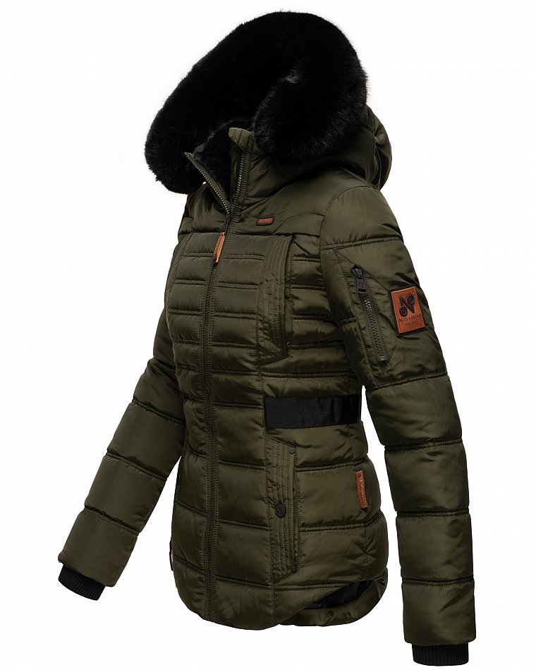 Navahoo Melikaa Damen Winterjacke Steppjacke mit Kunstfellkragen Olive Gr. 42 - XL