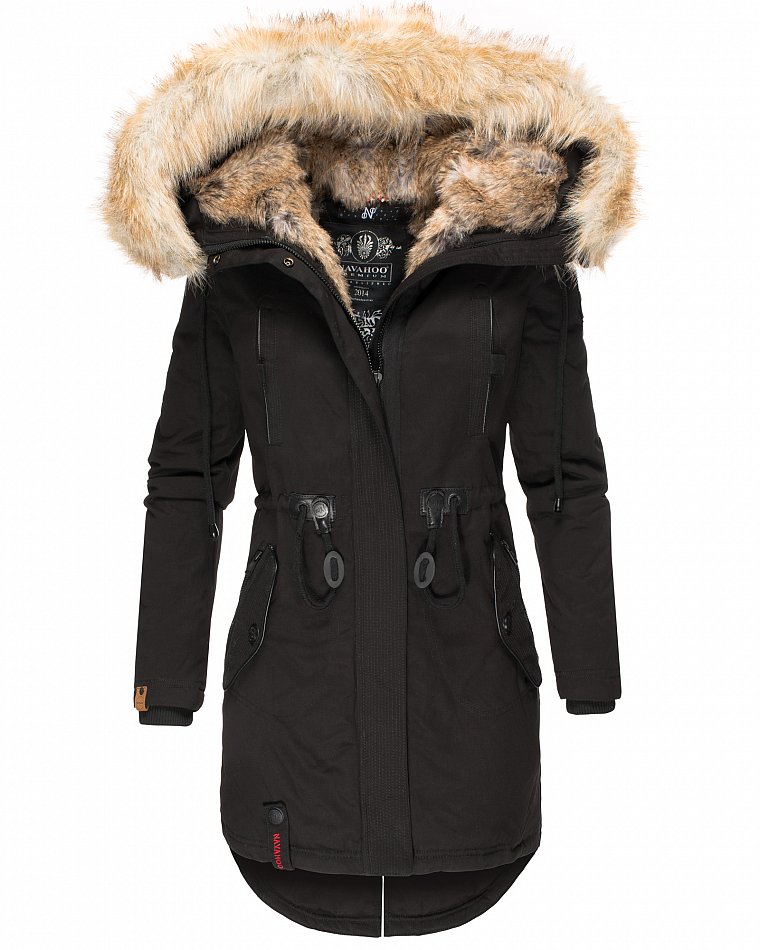 Navahoo Bombii Damen Wintermantel Parka mit Kunstfell & Kapuze Schwarz Gr. 38 - M