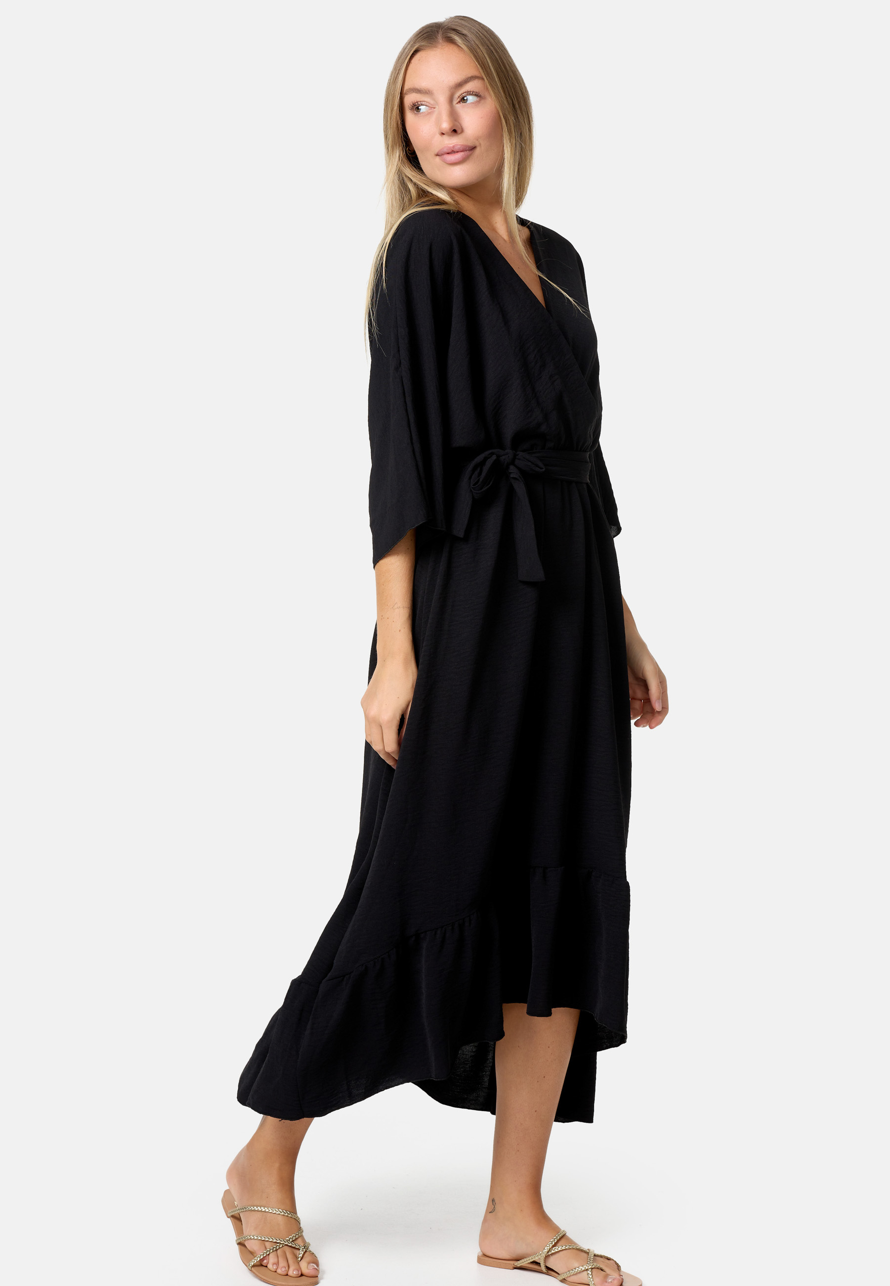 Rayshyne Maxi Wickelkleid Optik Sommerkleid in Einheitsgröße Schwarz RS32