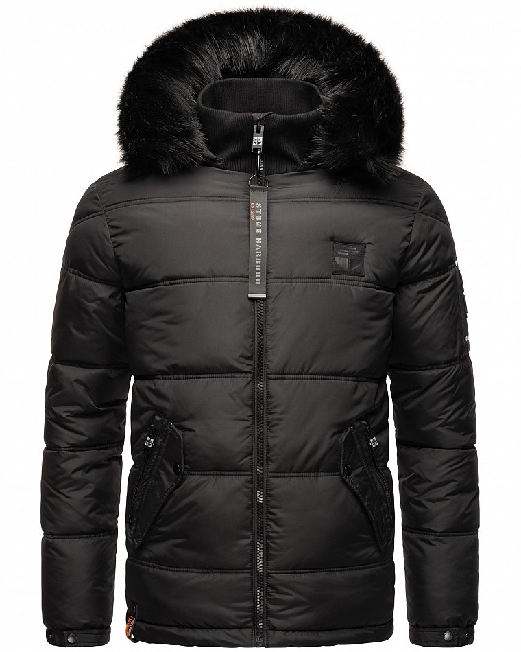 Stone Harbour Zarlaan Herren Parka Winterjacke mit Kapuze & Kunstfell Schwarz Gr. 48 - M