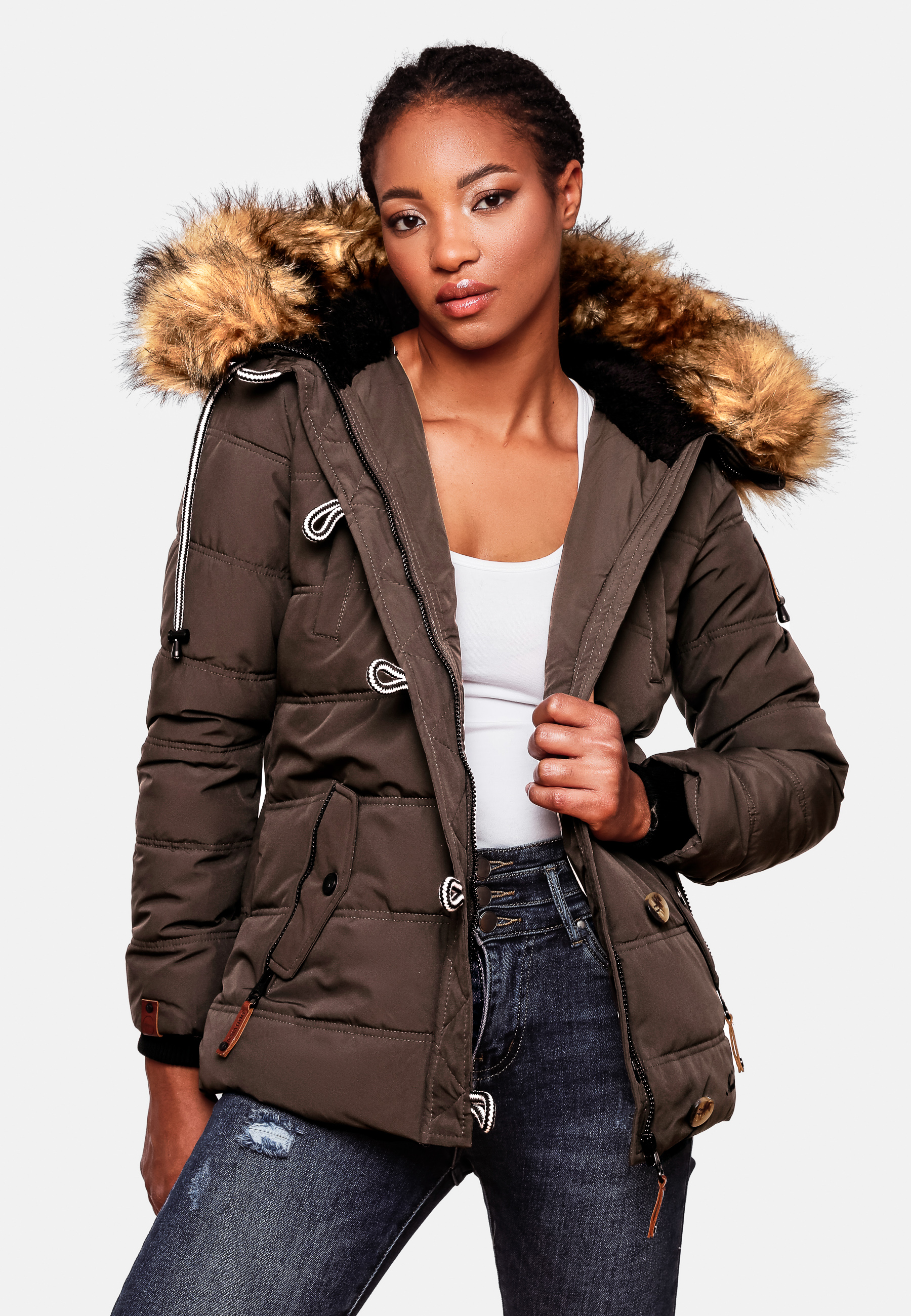 Navahoo Zoja Damen Winterjacke Steppjacke mit abnehmbarem Kunstfell Schoko 34 - XS