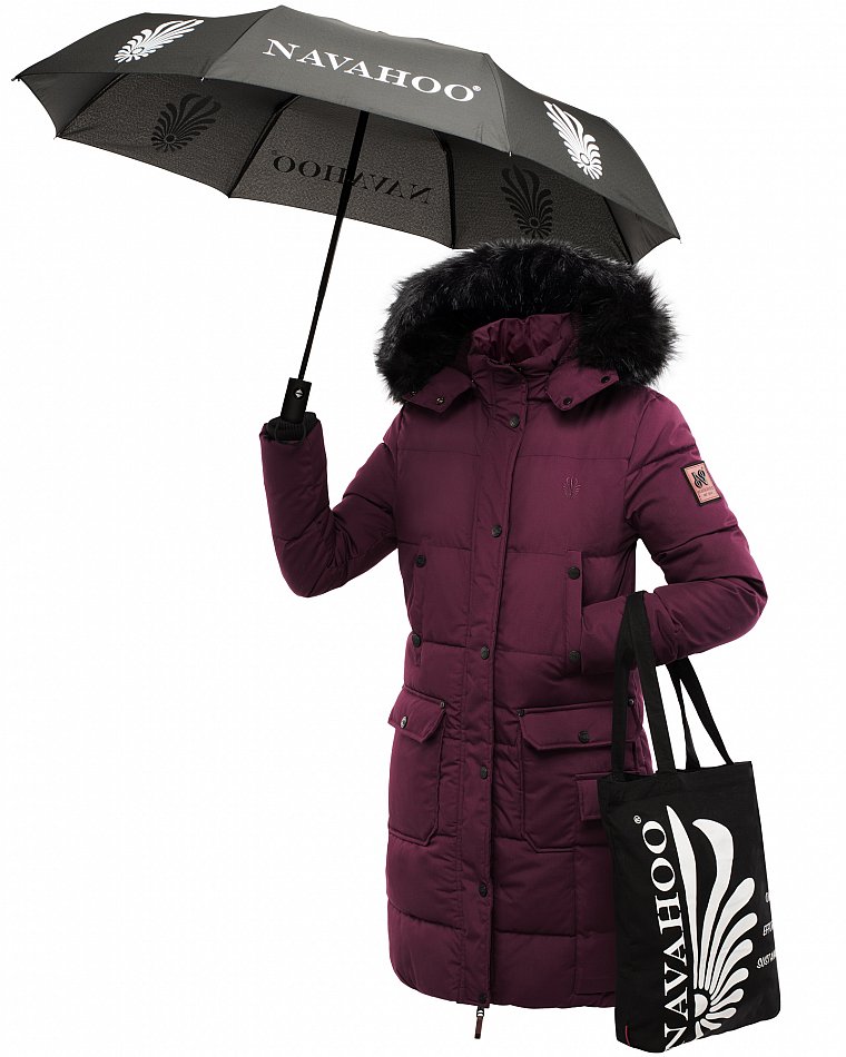 Navahoo Cosimaa Damen Wintermantel mit Teddyfell Gefüttert inkl. Regenschirm Wine Gr. 40 - L