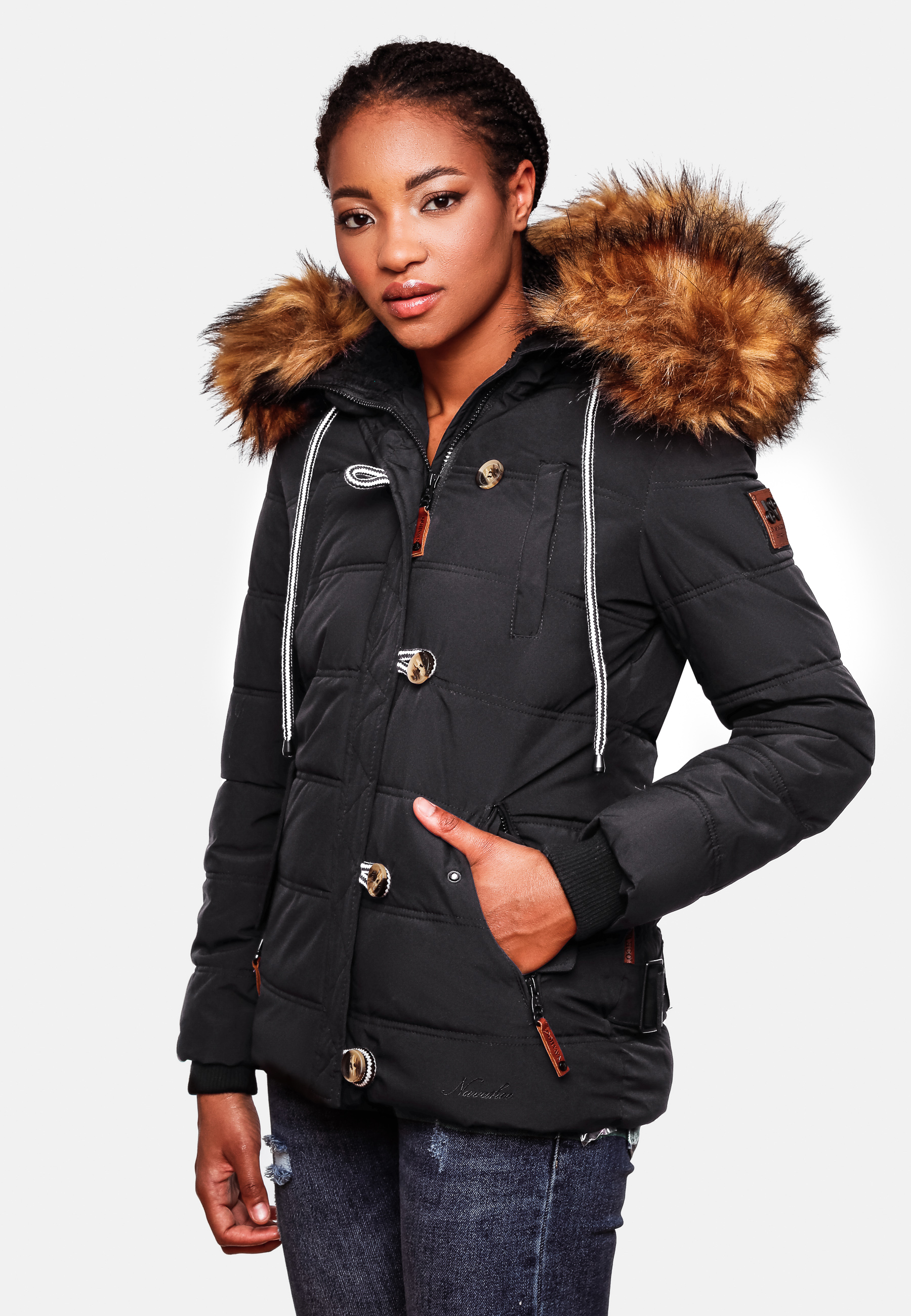 Navahoo Zoja Damen Winterjacke Steppjacke mit abnehmbarem Kunstfell Schwarz 44 - XXL