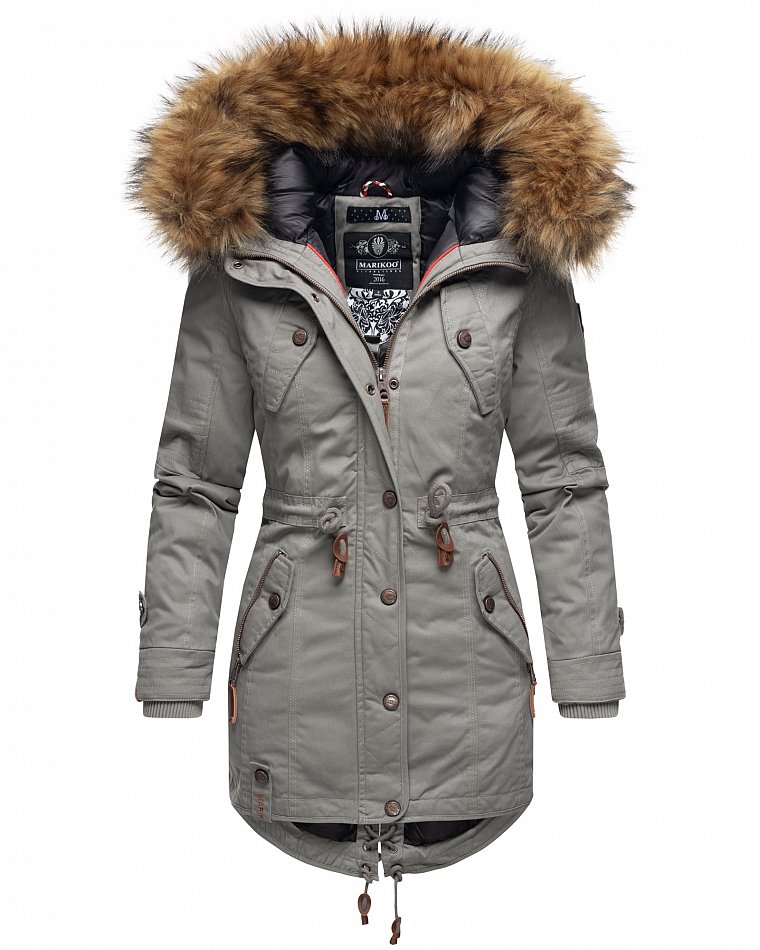 Marikoo La Viva Princess Damen Winterjacke Parka mit Kunstfell Hell Grau Gr. 36 - S