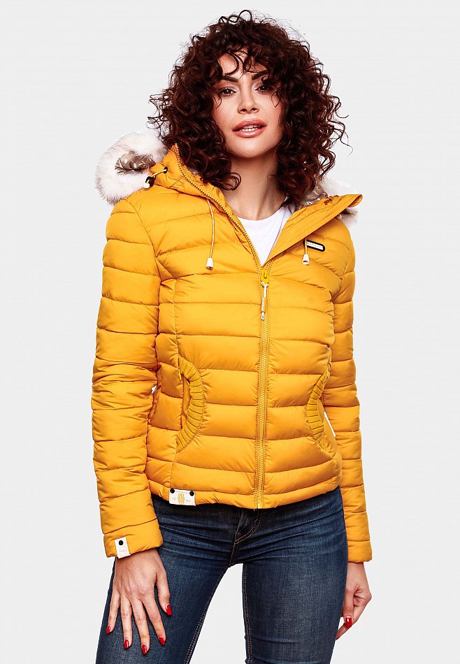 Marikoo Nasriin Damen Übergangsjacke Steppjacke mit Kunstfell Gelb Gr. 36 - S