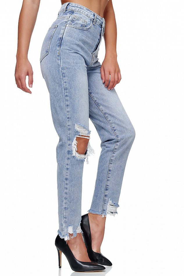 Damen Highwaist Straight Cut Ripped Jeans im Damaged Look Blau Gr. 34 - XS RD1347