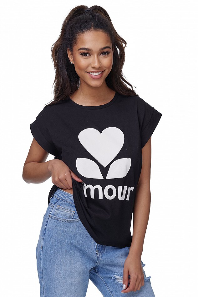 Damen Casual Kurzarm T-Shirt mit Amour Print Schwarz Einheitsgröße RS01