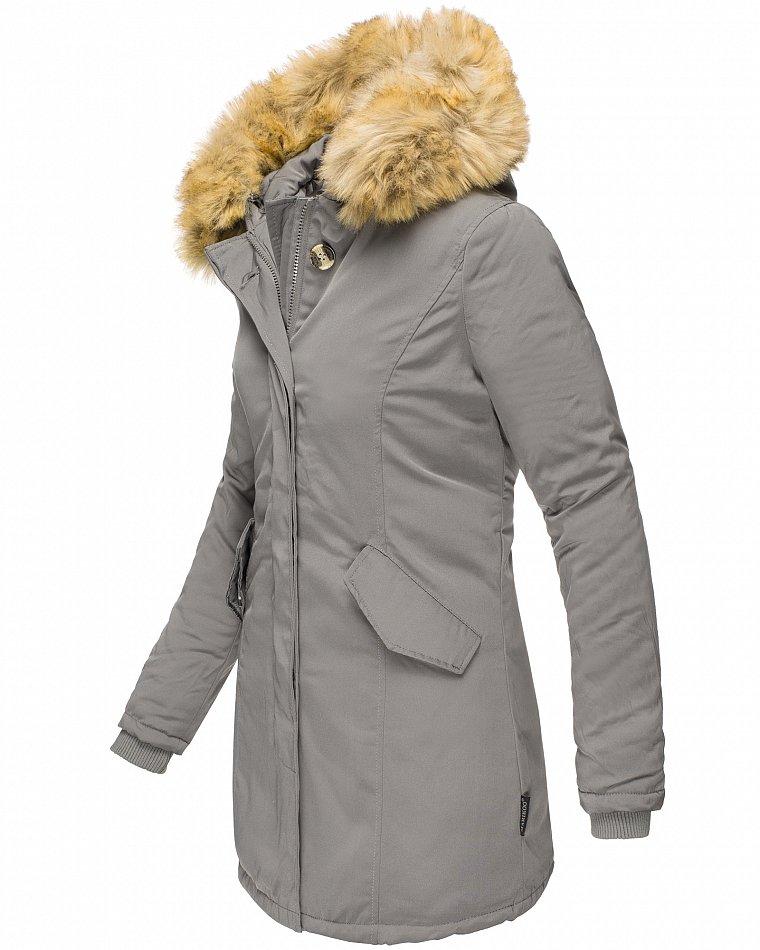 Marikoo Karmaa Eleganter Damen Winter Parka mit Kunstpelz und Kapuze Grau Gr. 34 - XS