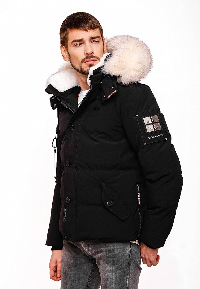 Stone Harbour Halvaar Herren Winterjacke gesteppt Schwarz mit Weißem Kunstfell Gr. 48 - M