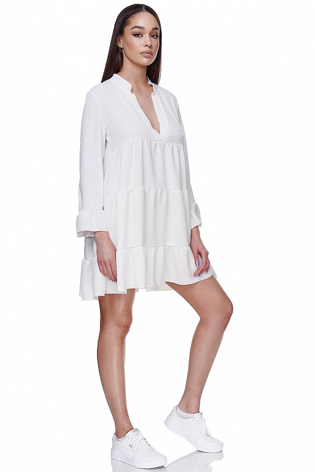 Damen Mini Tunika Kleid mit Rüschen Weiß Einheitsgröße Gr. 34 - 38 RS04